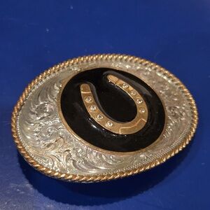 Montana Silversmiths Horseshoe Belt Buckle Rhinestone Sterling Silver Plate